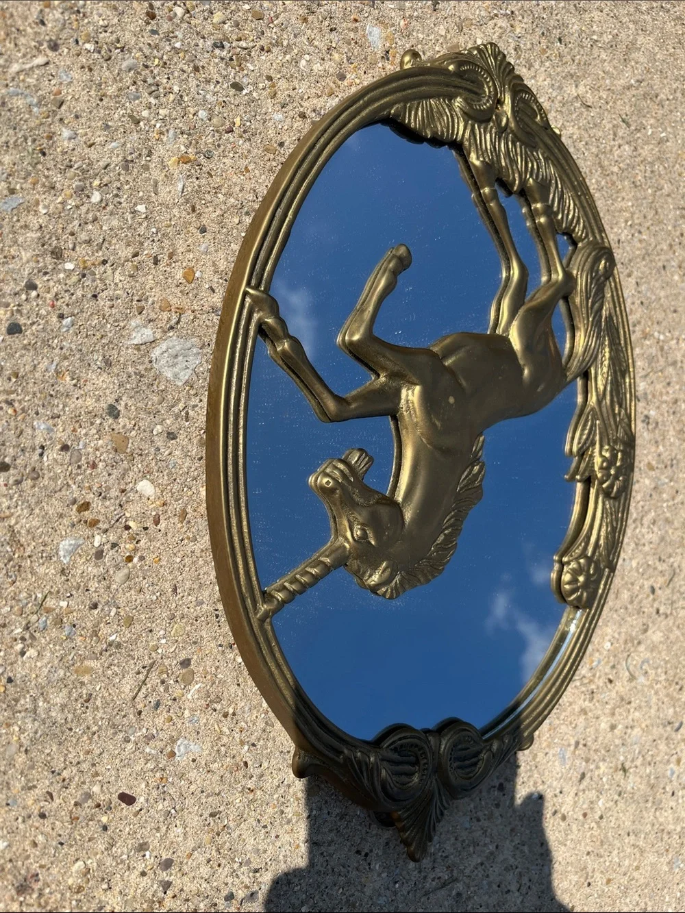 Vtg MCM Solid Brass Unicorn Accent Wall Mirror W/Floral Design Mythical W/Box